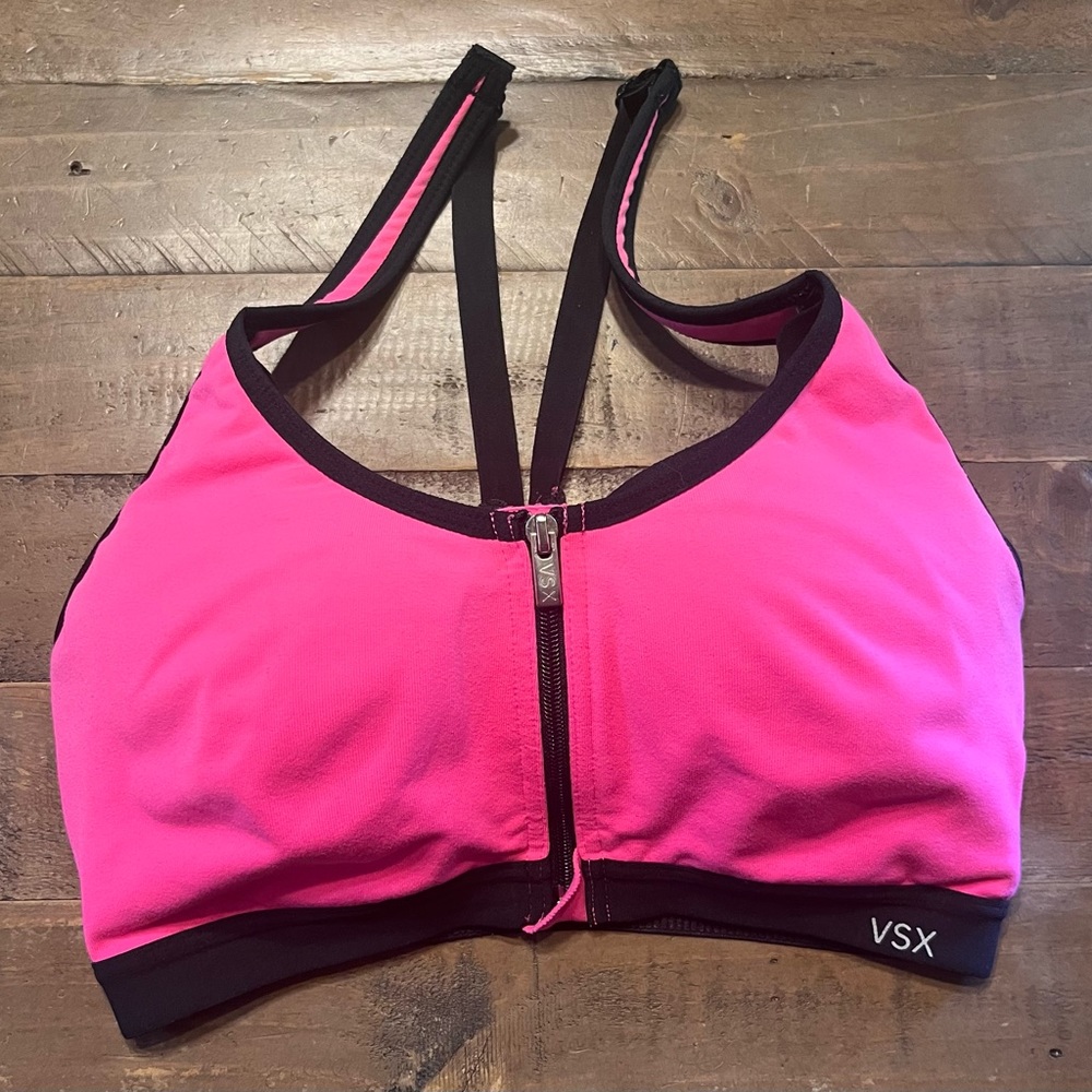 Victorias Secret VSX Womens Athletic Sports Bra 32D Pink Underwire Zip Front